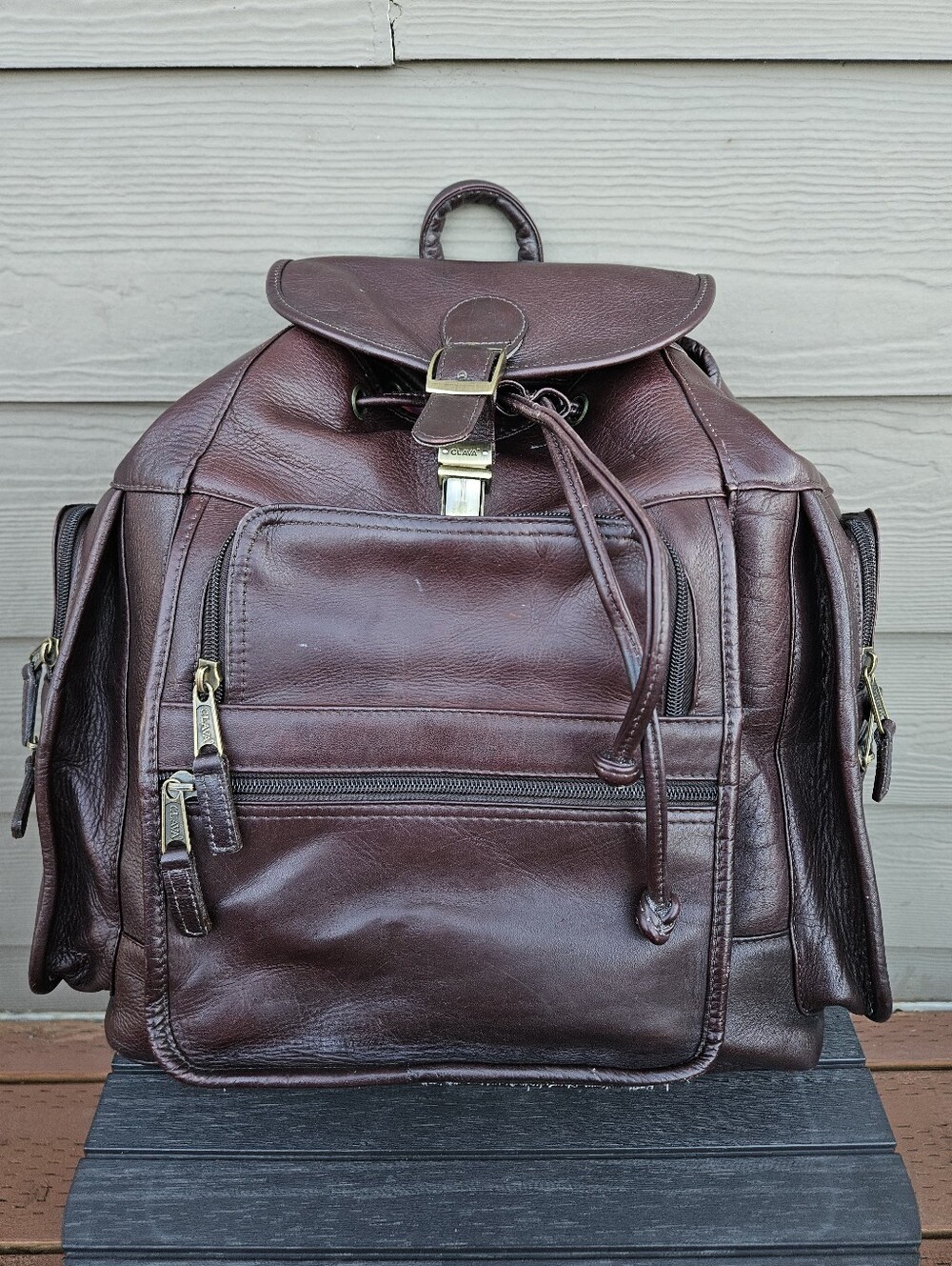 Vtg Clava Dark Brown Leather Multicompartment Backpack Rucksack Flap Drawstring